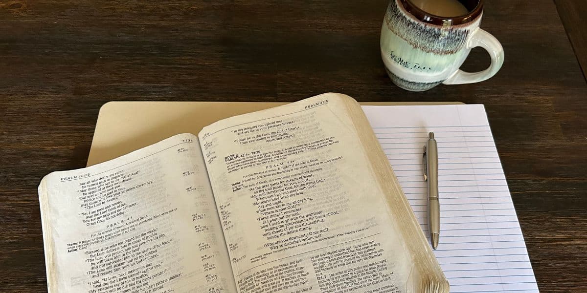 Open Bible, open journal, pen